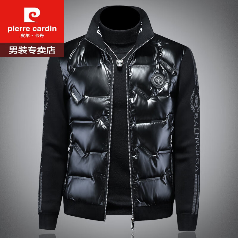 皮尔卡丹（pierre cardin）针织袖拼接亮面羽绒服男潮流修身短款立领白鸭绒保暖外套冬款上衣 黑色 XL
