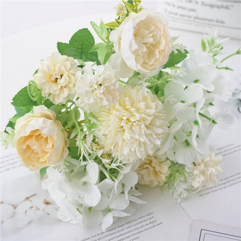 假花仿真花束塑料花小束把花玫瑰绢布花干花居摆 7叉把束杂花牡丹白色