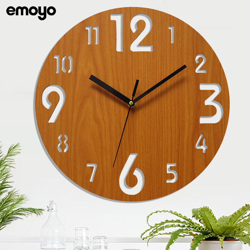 跨境创意圆形复古静音木质挂钟复古家用时钟个性数字钟表 1号柚木色 a