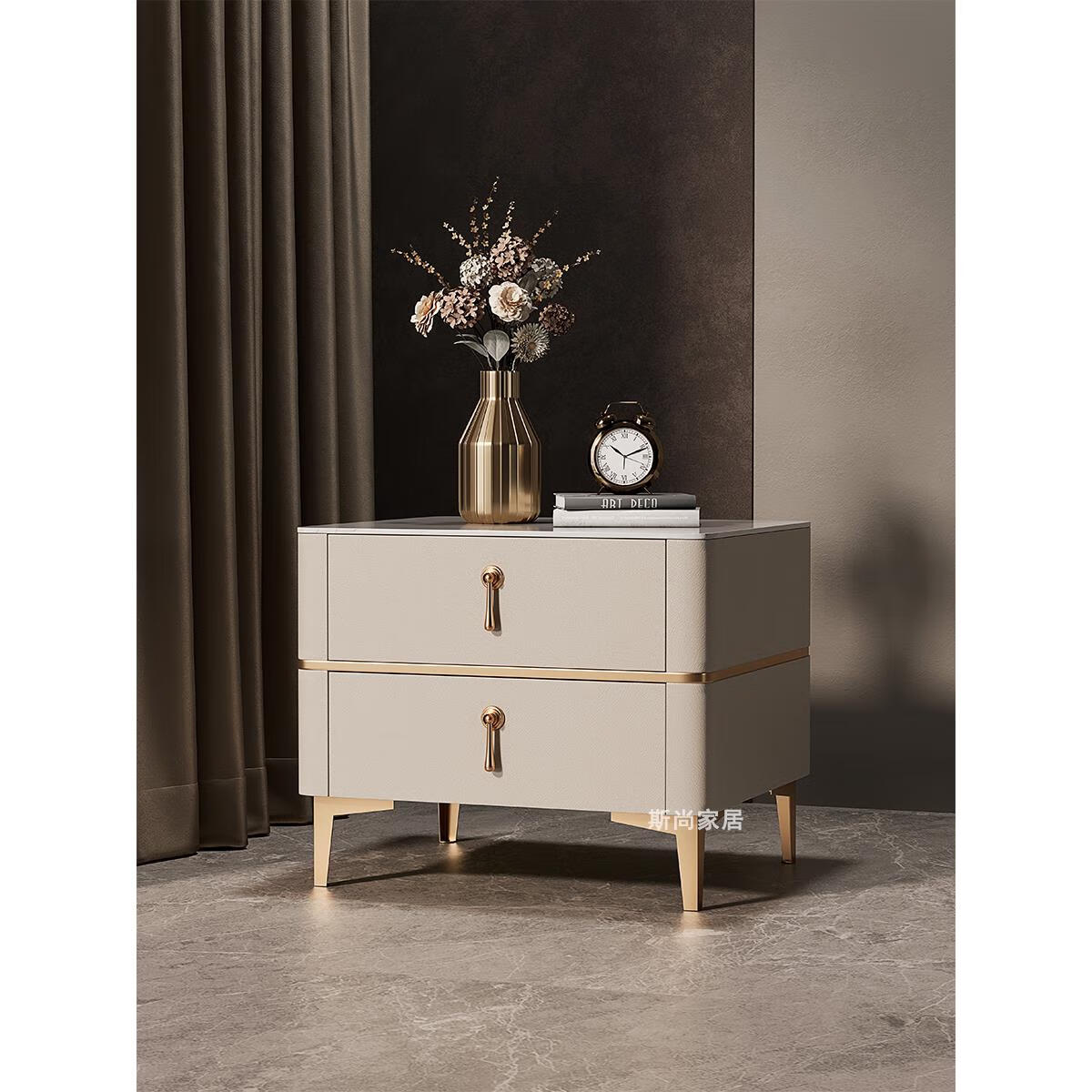 欧派(oppein)轻奢床头柜简约现代卧室床边柜实木岩板储物皮质大尺寸感