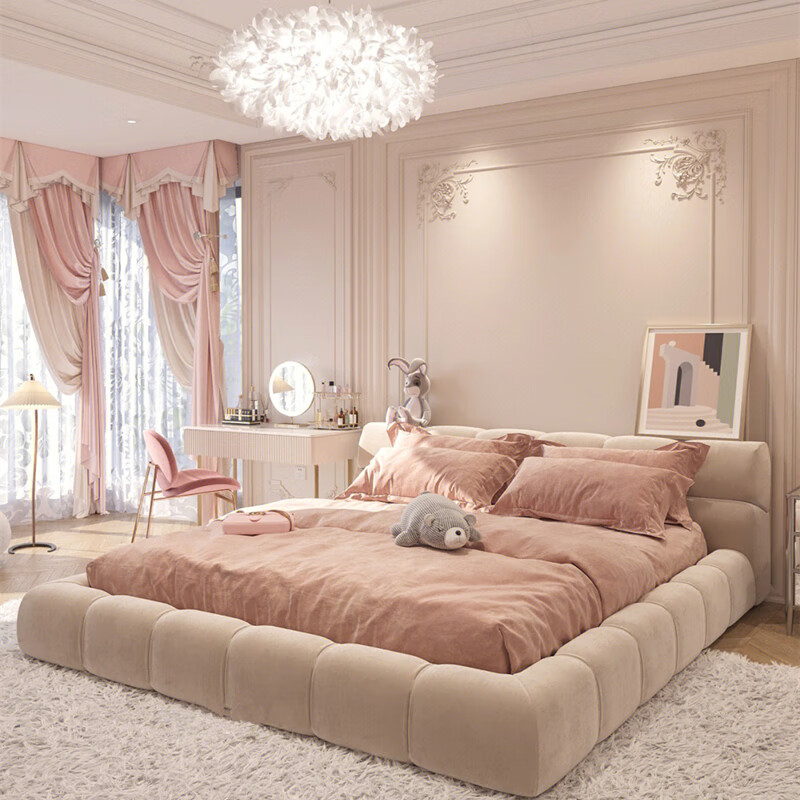 艺可恩 奶油风ins网红泡芙床公主布艺双人床1.