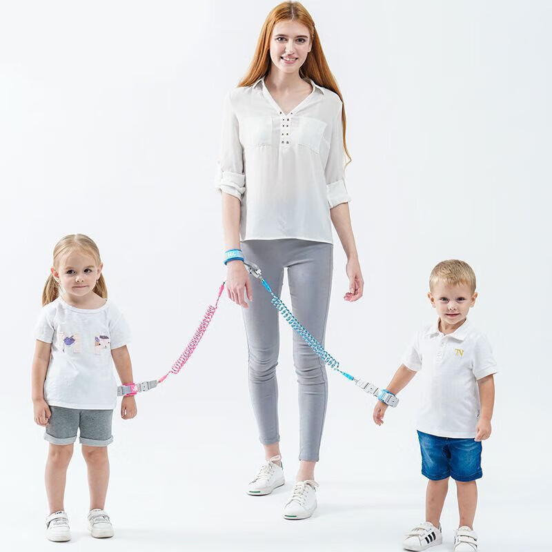 CLCEY双胞胎防走丢牵引绳儿童防走失绳一拖二安全手环学步溜娃牵引绳 粉绿两宝变形手环款 2.5米