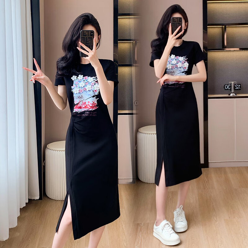 薇洛萱时尚气质轻奢t恤裙2024夏季新款收腰显瘦连衣裙女装夏天裙子