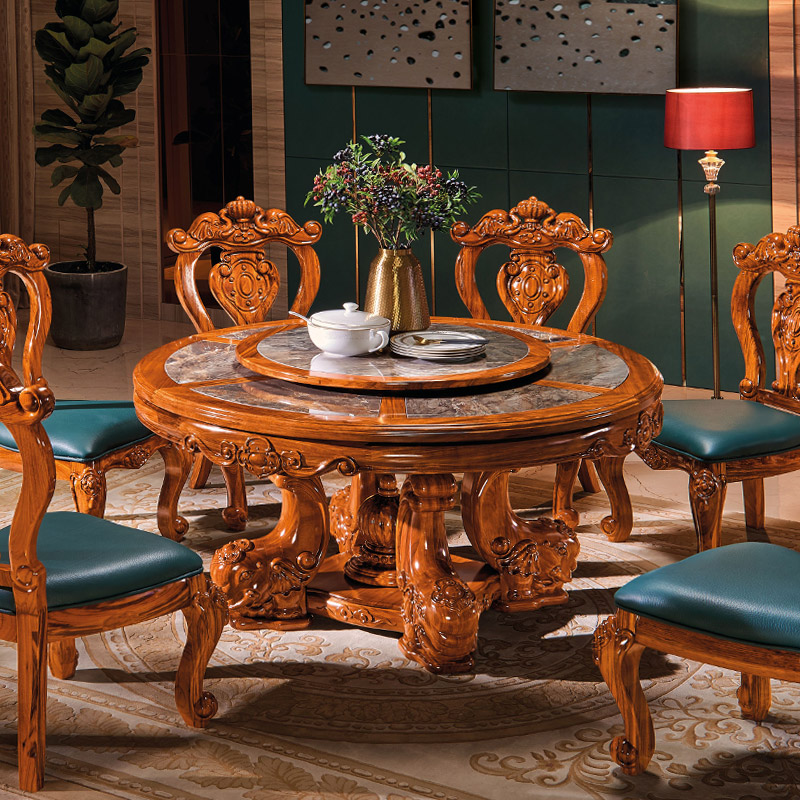 清楠居 乌金木餐桌欧式别墅餐厅全实木圆形大理石台面豪华饭桌组合 非洲喀麦隆乌金木别墅款餐桌订金