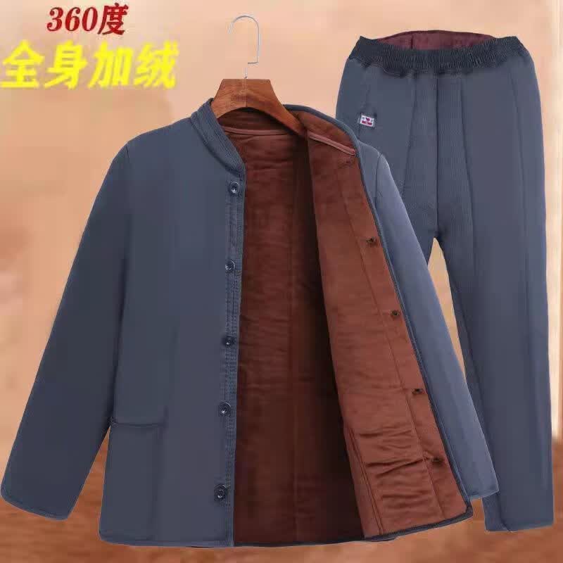 适合300斤胖子穿的大码男装冬季外套爸爸冬装老人棉衣棉裤男装爷爷加厚棉袄加绒大码中老年冬天衣服 灰色_【棉衣+棉裤】 3XL_建议【125-145斤】怎么看?