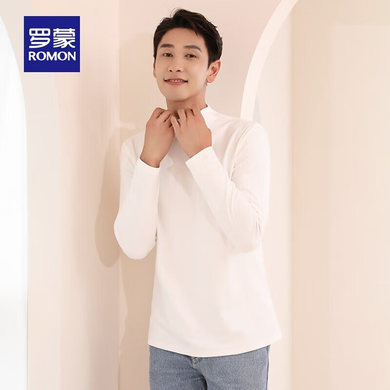 罗蒙(ROMON)【德绒】半高领长袖t恤男2025春秋新款纯色保暖针织打底衫 白色 2XL 180(建议140-160斤)