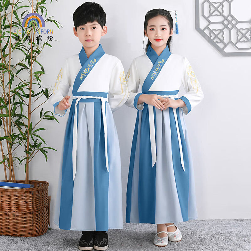 儿童古装汉服国学男女书童三字经中国风中秋节演出服 湖蓝拼接直袖110怎么看?