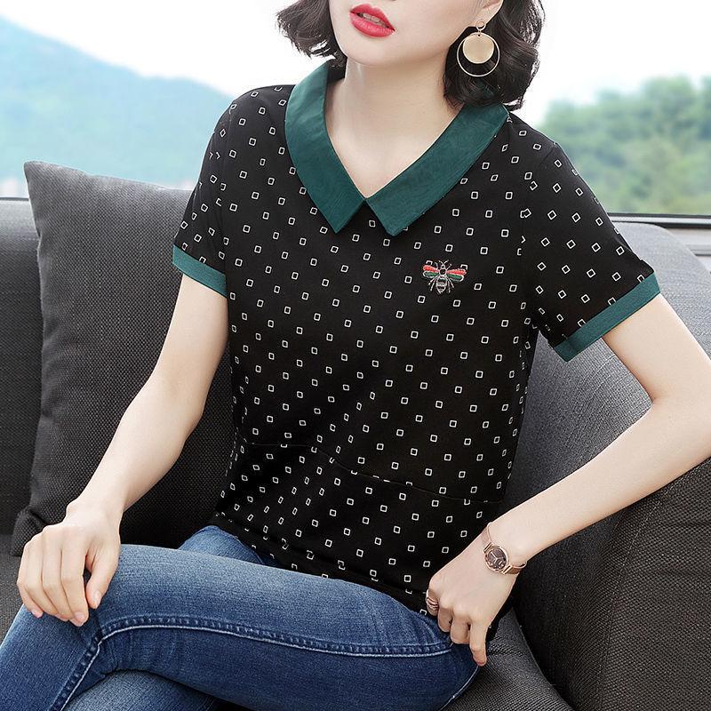 t恤女条纹宽松韩版绿色polo衫中年女装秋装打底衫 9214款绿袖小方块 m