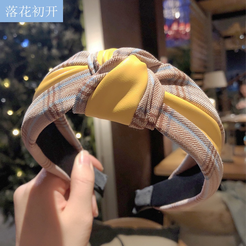 落花初开 发箍女简约韩国pu皮拼接打结发箍宽边格子发卡成人洗脸头箍
