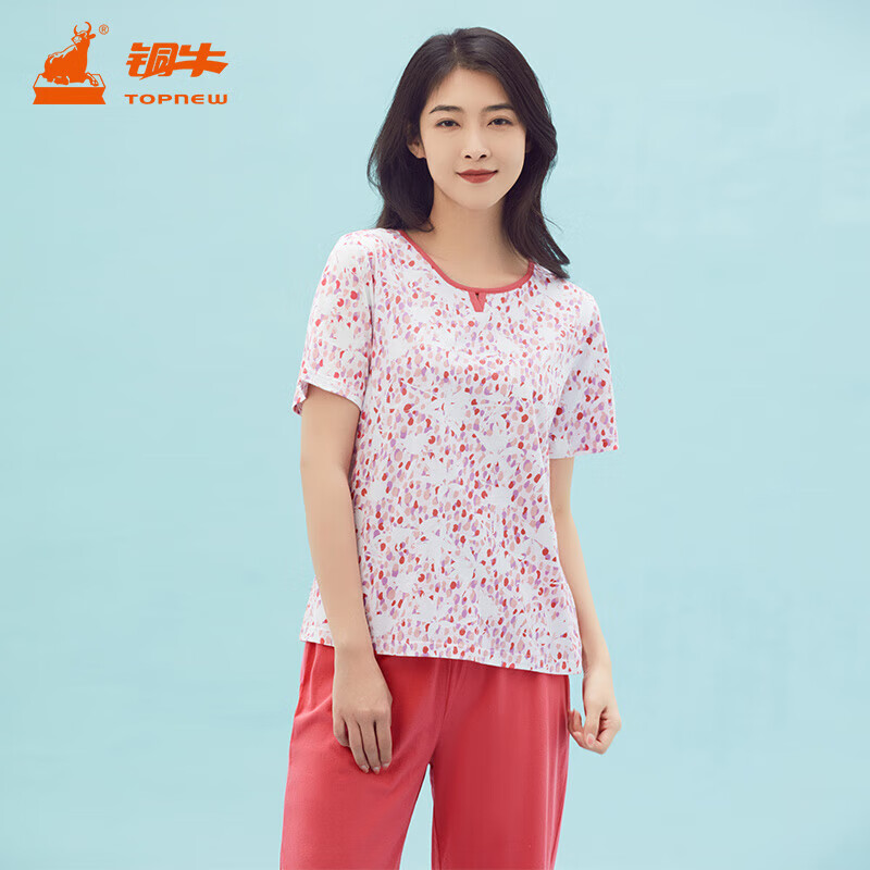 铜牛纯棉圆领半袖春夏睡衣家居服女套装vj103 波点花影-白-粉 160/85