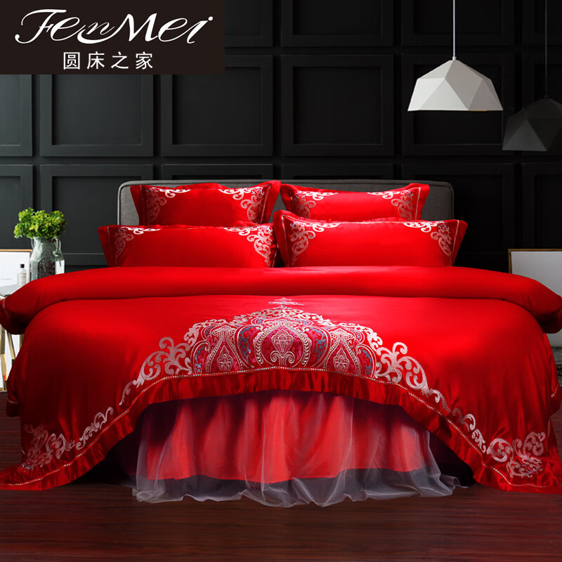欧黛娜大圆床四件套结婚高档双人床婚床欧式现代简约情侣红色婚庆床品