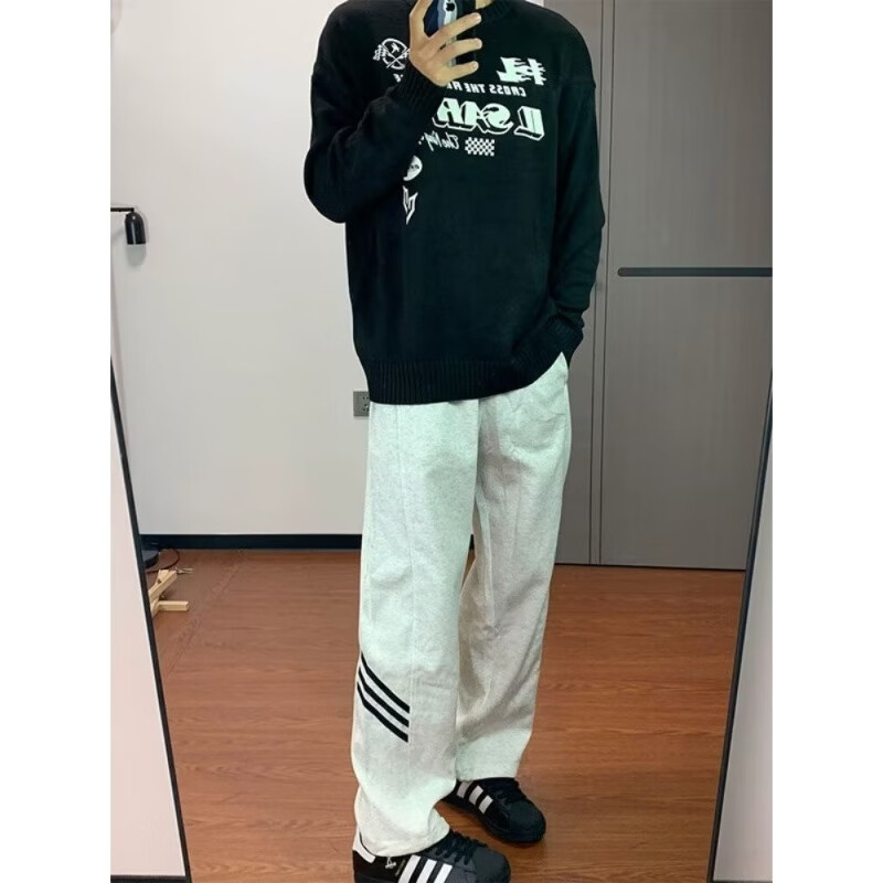 POUM休闲裤男百搭直筒宽松长裤男女美式条纹阔腿裤男日常慵懒风裤子男 BKEG-bk06灰色 2XL 【建议125-140斤】