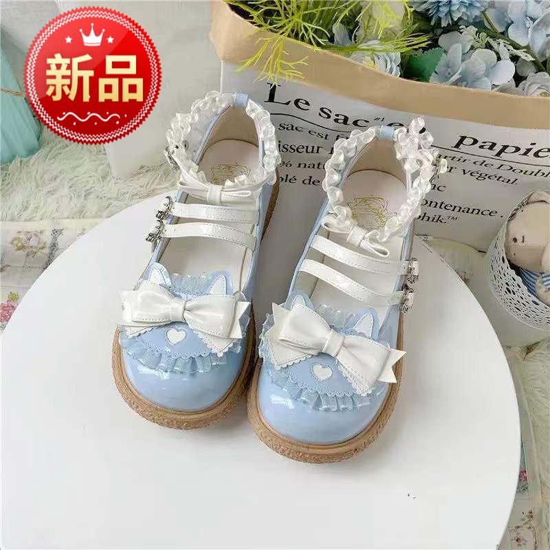 洛麗塔鞋子蘿莉塔鞋大頭娃娃鞋日系鴛鴦款小皮鞋女洛麗塔鞋jk鞋圓頭平底淺口單鞋 藍(lán)色白蝴蝶結(jié) 36