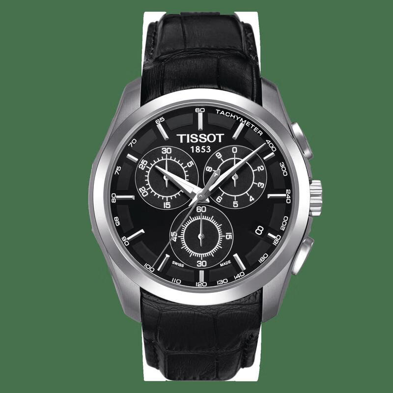 天梭(tissot)库图系列三眼计时表盘夜光防水皮带石英表男表 black