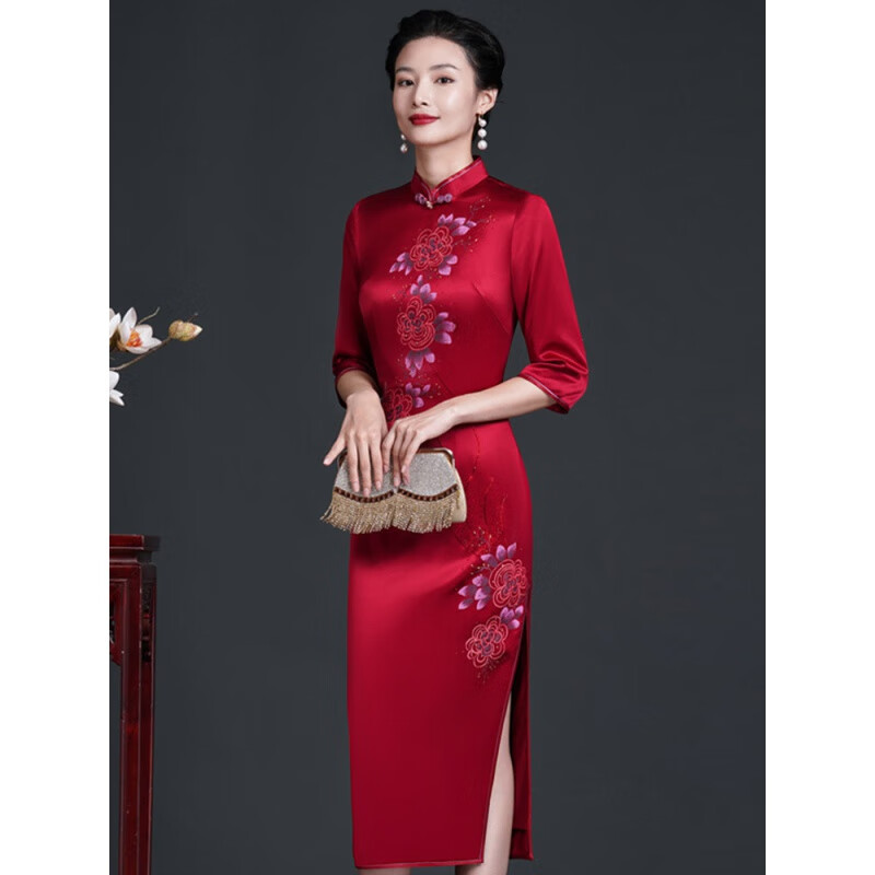 彼岸鸟醋酸旗袍新中式婚礼妈妈装喜婆婆连衣裙喜妈妈礼服年轻款喜服