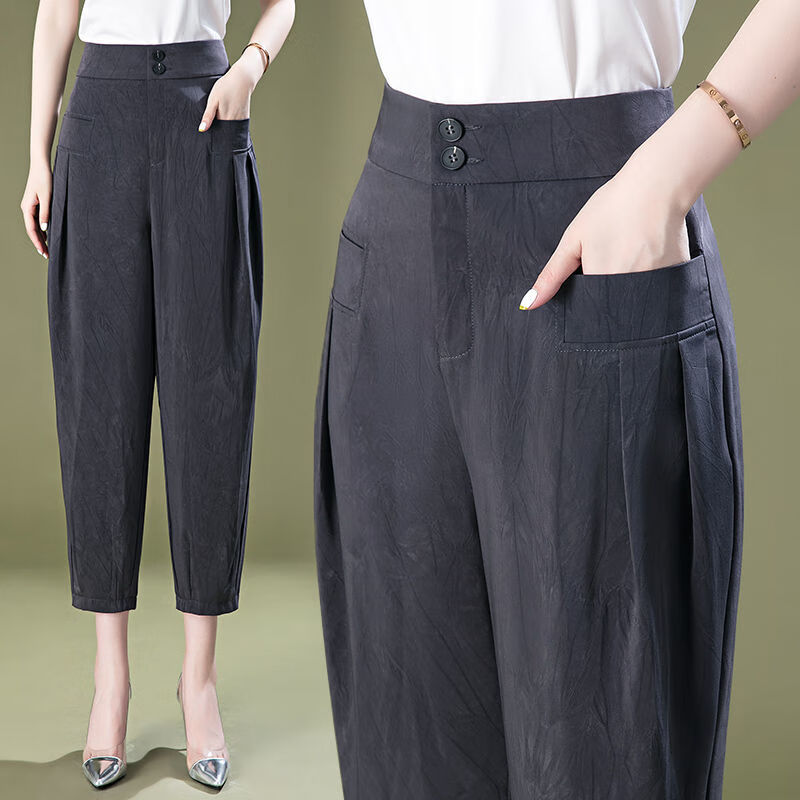 奥合普轻奢高档女装真丝哈伦裤女夏宽松垂感桑蚕丝薄遮肉八分灯笼裤