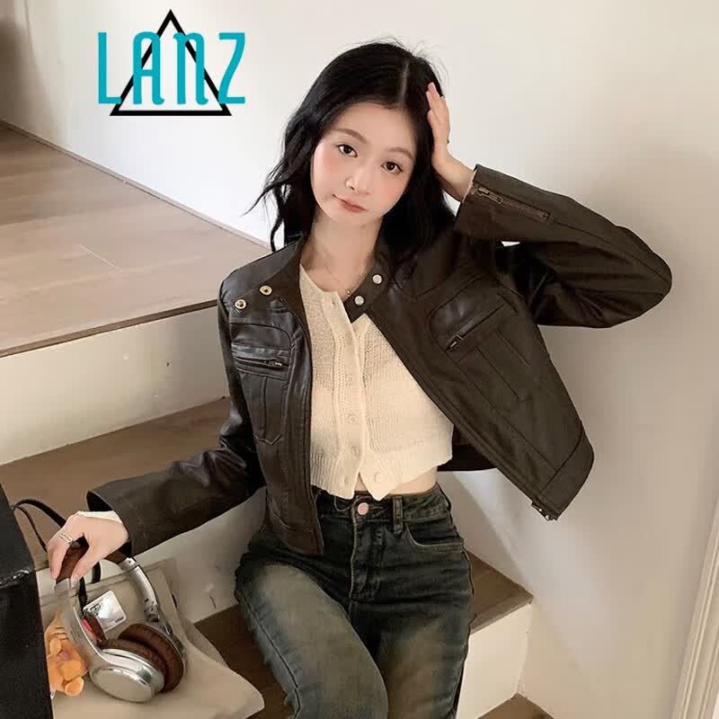 岚烨高街复古短款立领皮衣外套女秋装休闲酷飒修身显瘦机车服夹克潮 皮衣外套 M怎么样,好用不?
