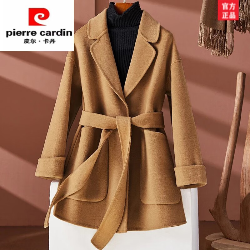 皮尔卡丹轻奢高档品牌女装赫本风双面羊绒大衣女中长款西装领宽松系带