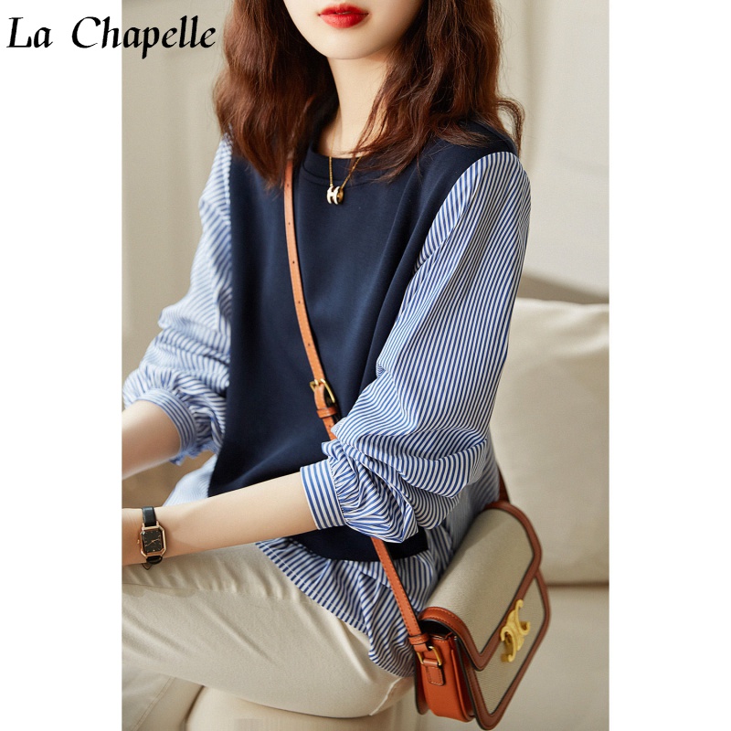 拉夏贝尔(la chapelle)拉夏贝尔  假两件条纹拼接衬衫女春秋季新款