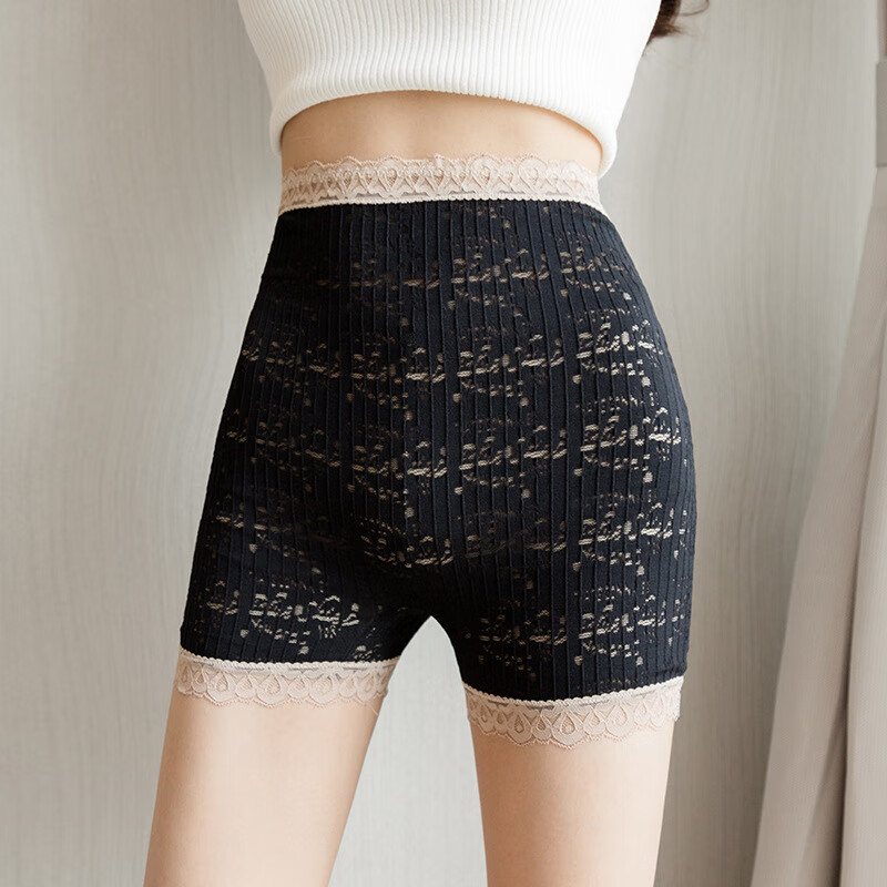 新款镂空蕾丝安全裤女夏季透气防走光短裤加肥200斤可穿 黑色 m