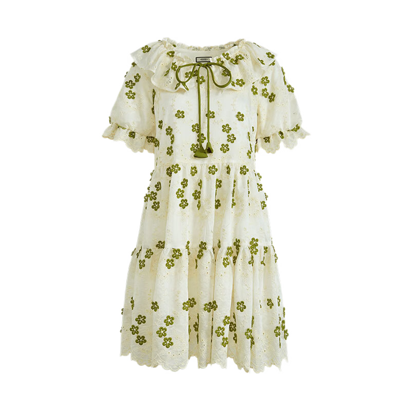闊色（kuose）綠色天絲刺繡肌理感連衣裙女夏季新款碎花荷葉邊娃娃裙 花色 M