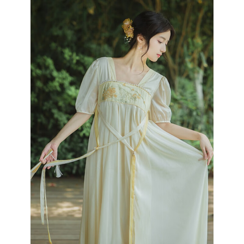 混色鸭鸭连衣裙女装夏装汉服改良汉元素国风复古短袖绣花订珠连衣裙