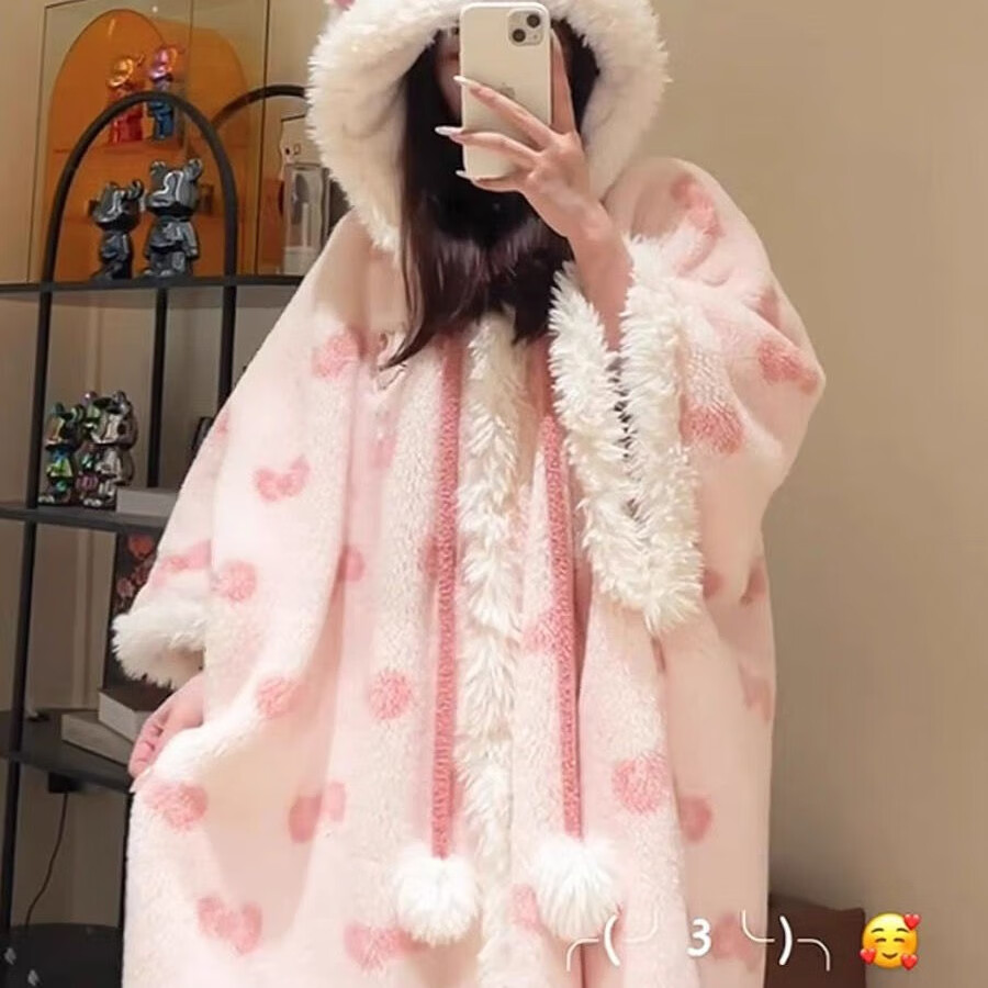 睡袍女HelloKitty冬季新款珊瑚绒连帽睡衣女加绒加厚家居服套装 HelloKitty猫睡袍+裤子 M (建议体重80-100斤)