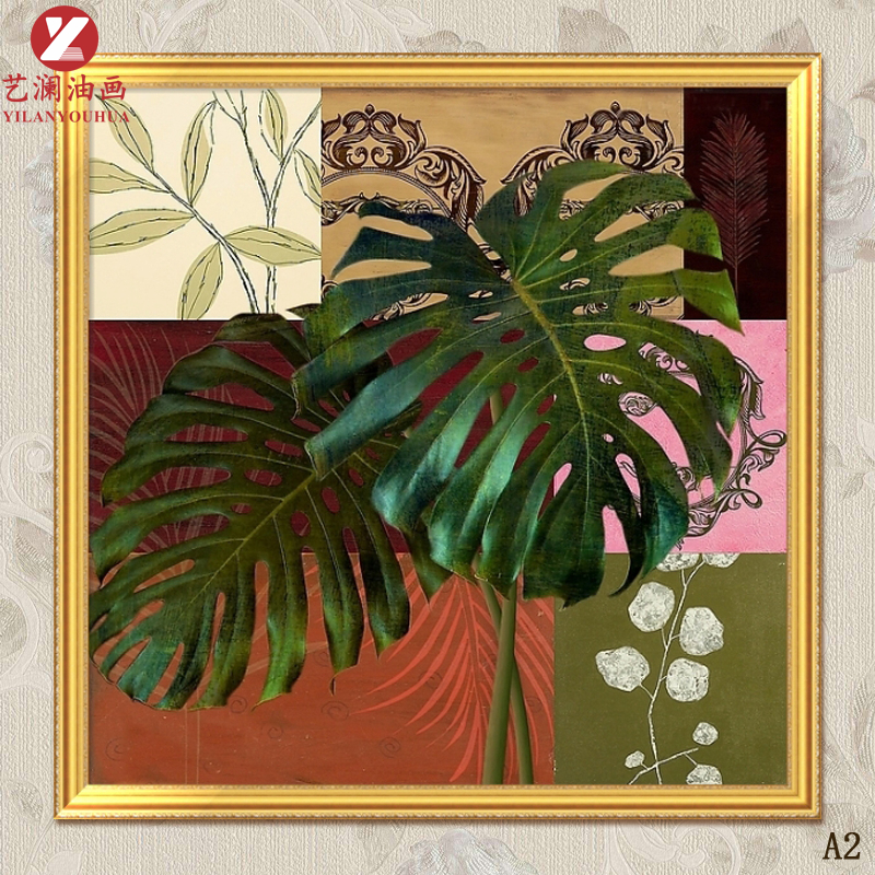 艺澜油画手绘油画东南亚风格龟背竹树叶简约组合客厅卧室书房家居壁画