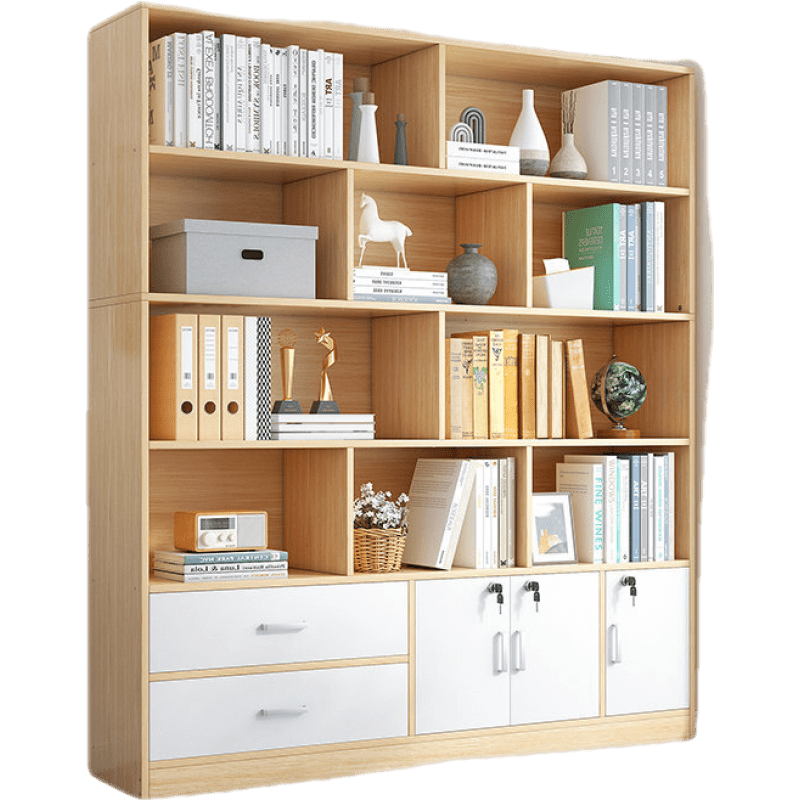 米昊 简易书架置物架落地带锁书柜客厅卧室收纳柜子简约现代分层格子柜 【三门两抽款】140CM田园橡木色（带锁）