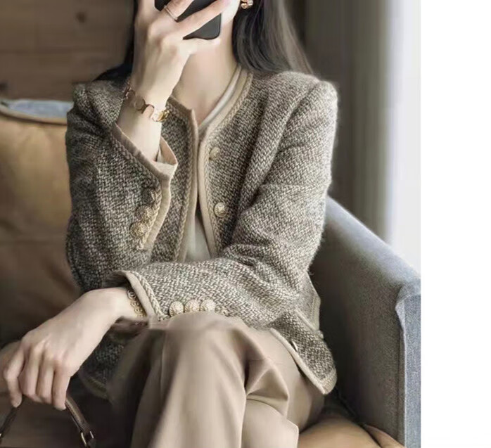 拉夏贝尔品牌【精品女装】2022新款女装设计感轻奢名媛上衣小香风短款女士外套 咖色外套 XL