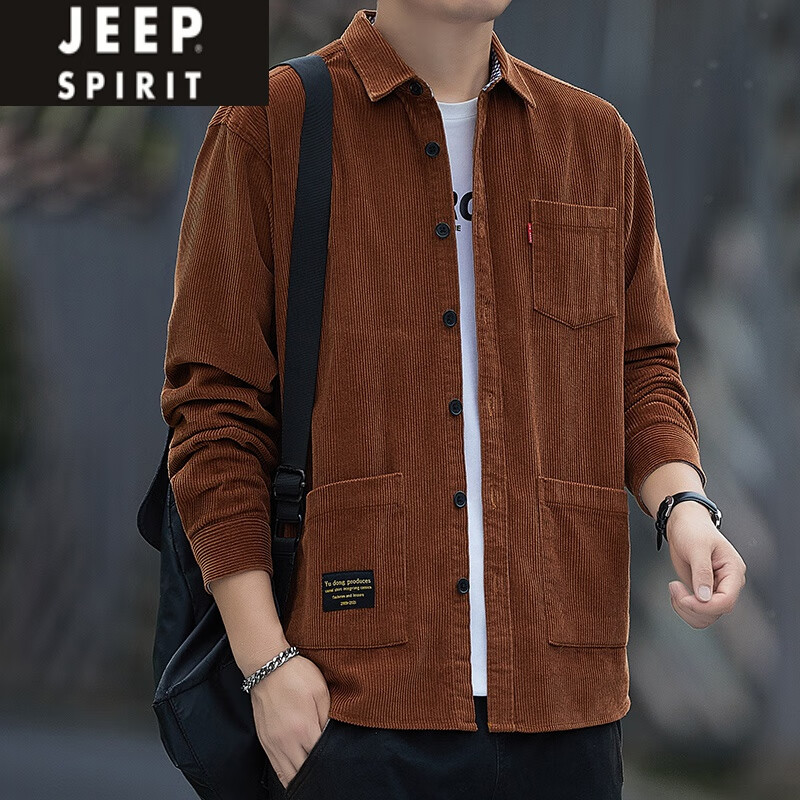 JEEP SPIRIT重磅新款纯棉灯芯绒长袖衬衫男士秋冬款港风工装全棉衬衣外套大码 黑色(三口袋) C608 M (建议95-115斤)
