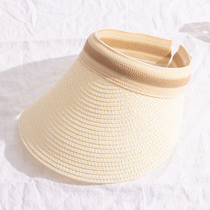 上海故事夏季防晒帽女空顶太阳帽子沙滩运动草编大帽檐 米色 均码