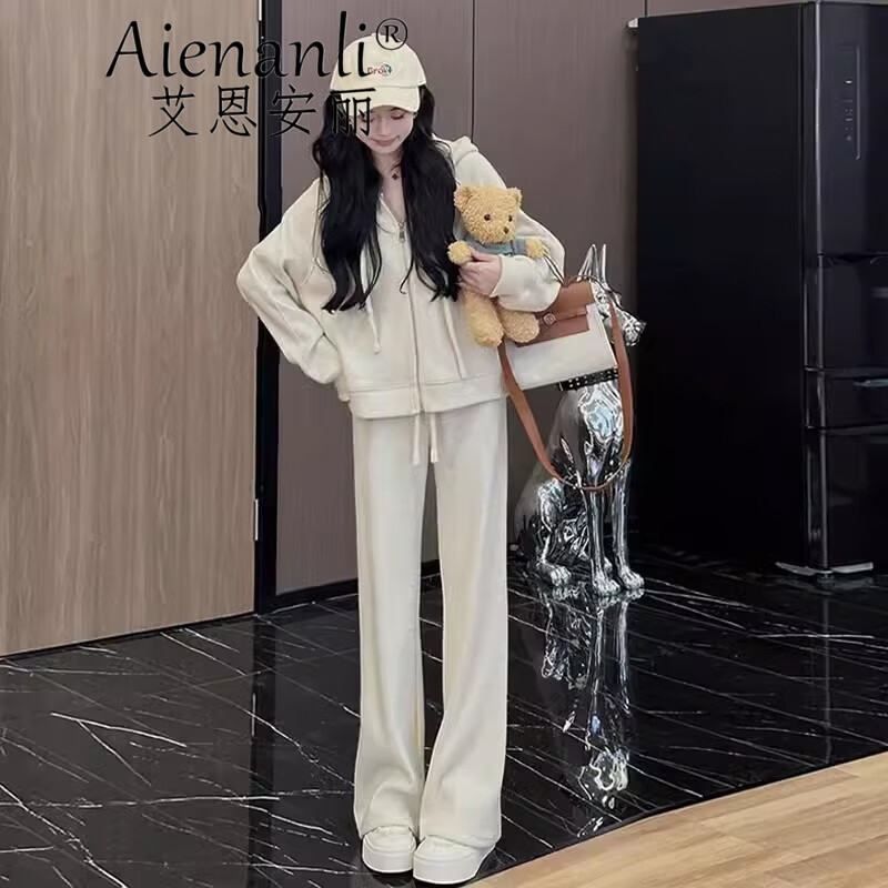 艾恩安丽卫衣女春秋2024年新款女装休闲运动套装女韩版宽松小个子外套上衣 米白色 XL