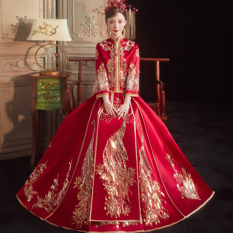 夏季敬酒服秀和服中式婚纱结婚礼服女秀禾 红色贴花孔雀(蓝色宝石) s