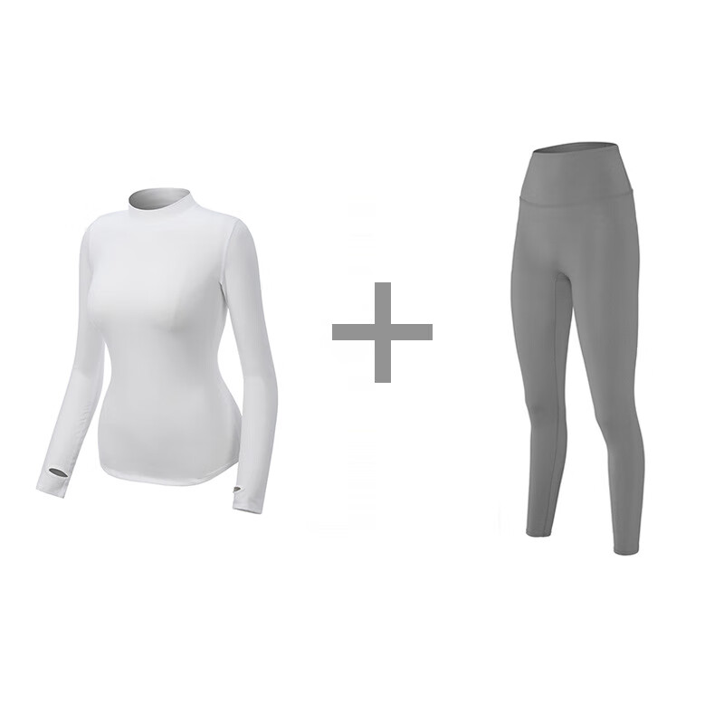 必在IuℕIu 新品  韩版秋冬新款运动服套装女裸感无尴尬线瑜伽长袖瑜伽裤两件套 白色上衣+灰色裤子 S