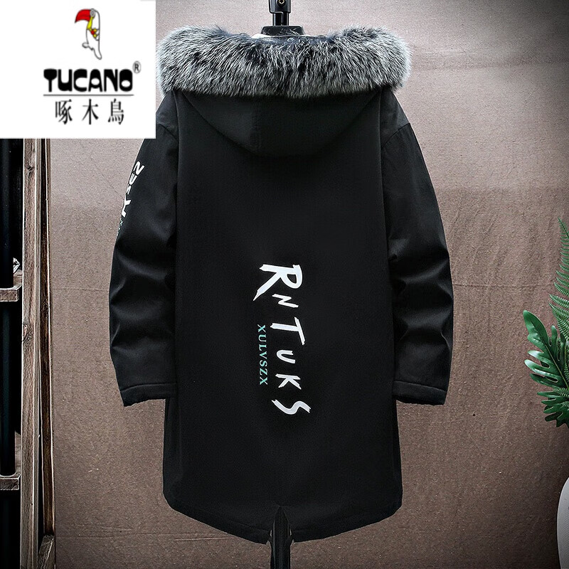 啄木鸟（TUCANO）羽棉绒服男中长款冬季抗寒2025新款保暖派克服冬装男加绒衣服外套 911黑红色 (人造棉升级加绒款) M