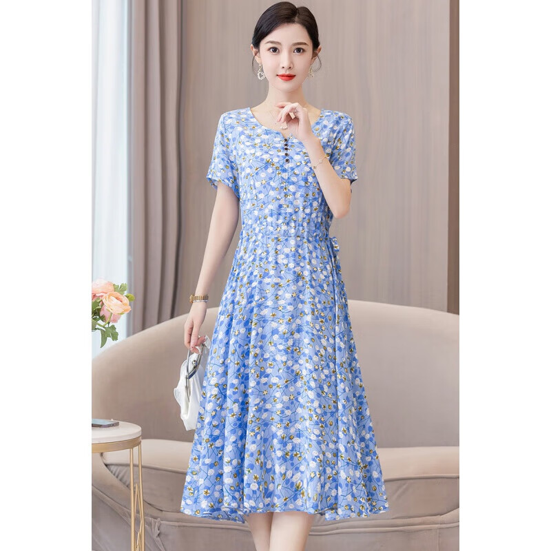 事思新款碎花v领连衣裙显瘦收腰35岁以上人造棉气质夏装 2 号色-显瘦