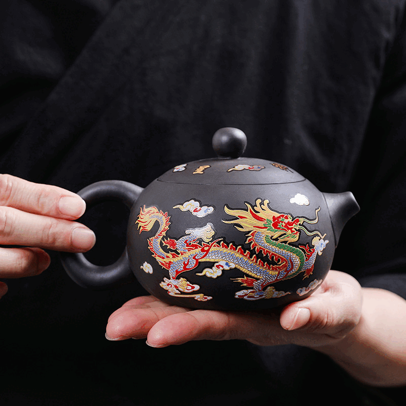紫砂壺 遇热变色的凤鸣紫砂壶紫砂原矿紫泥西施壶西施龙凤变色-黑-安全