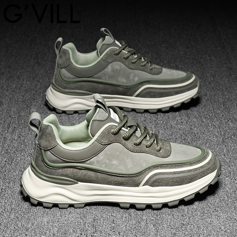 贵之步秋冬季复古男鞋软底新款休闲鞋增高缓震厚底防滑舒适运动鞋男款 豆绿 G005 43 （运动鞋码）