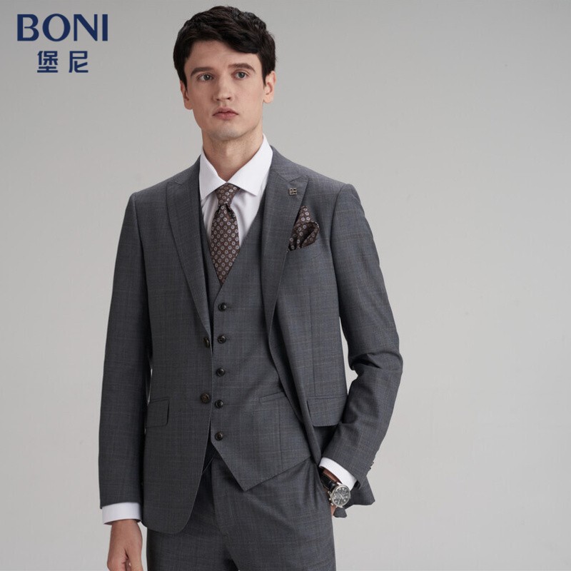 boni/堡尼商务男装格纹西服春秋新品 男士休闲羊毛西装 新郎礼服上班