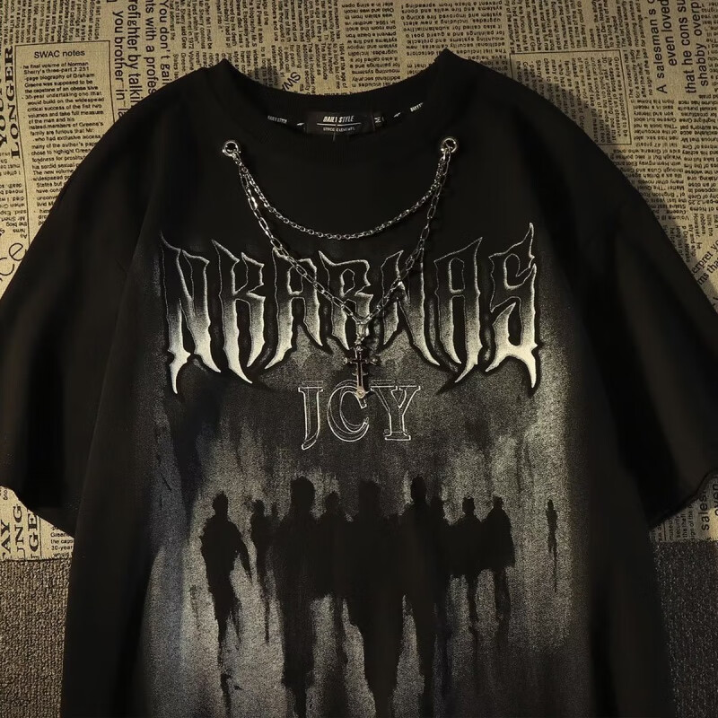 迪伽达短袖男装2025新款夏季潮流美式重磅带项链宽松休闲圆领T恤男士 BNGYL-B14黑色 M