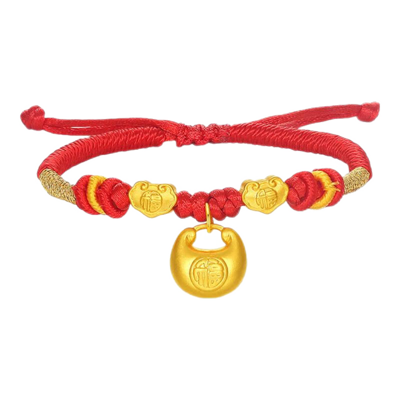潮宏基 小胖福黃金手鏈女本命年足金福牌轉(zhuǎn)運(yùn)珠紅手繩寶寶周歲禮物 祥云小胖福 繩長約14+3cm