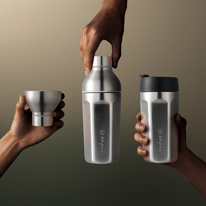 本因新品多用途随行套装 316不锈钢三段式摇壶保温杯咖啡杯 一杯双盖 不锈钢色480ml