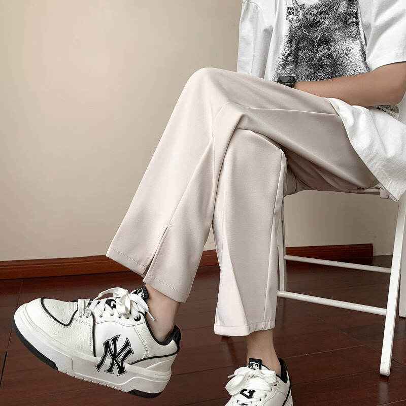 华天牧九分裤子男款夏季薄款开叉微喇西装裤子潮牌冰丝宽松直筒休闲裤