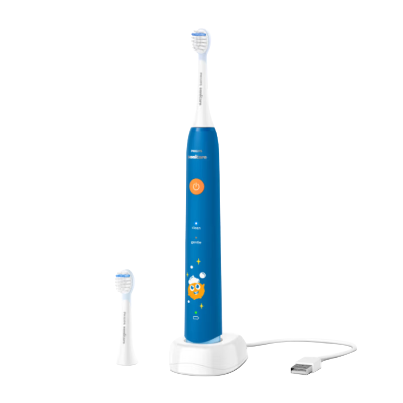 飞利浦儿童电动牙刷适用4-12岁 2种柔护模式温和清洁 自带2支刷头 生日礼物 儿童泡泡刷HX2432蓝色