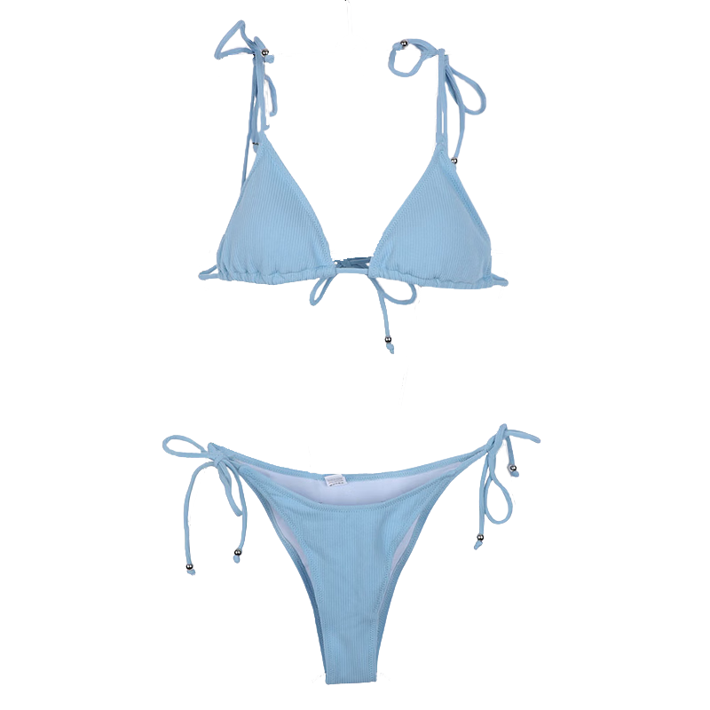 贝普蒂蓝色比基尼小胸系绳三点比基尼泳衣泳装显瘦分体性感沙滩欧美