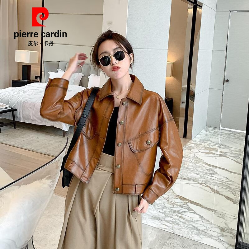 皮尔卡丹（pierre cardin）海宁真皮皮衣外套女2023春季新款绵羊皮短款秋冬加绒上衣休闲夹克 驼色 单里布 L 适合105-120斤怎么看?