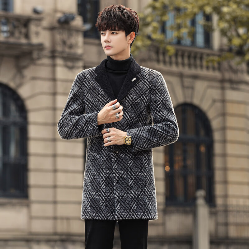 男士中长款风衣韩版帅气毛呢子大衣冬季保暖防寒加棉加厚外套 f07灰色