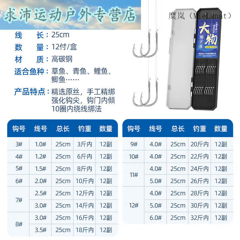 糜岚(mielanat)新关东鱼钩短子线大物双钩绑好伊势尼鱼线全套装鲢鳙