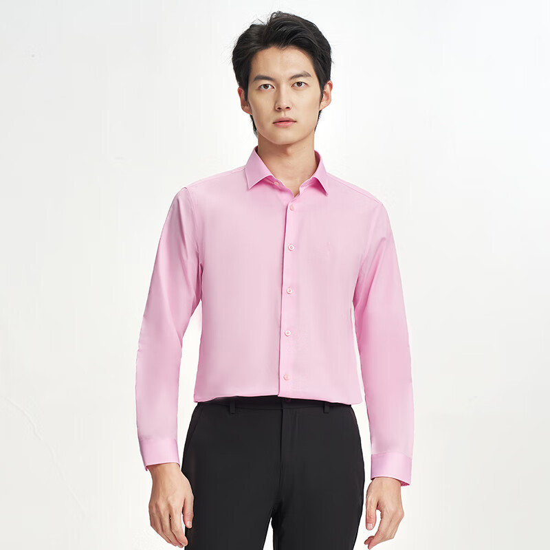 才子（TRIES）【明星同款】男士商务休闲长袖衬衫易打理纯色百搭职场白衬衣 粉红色 M 38(165/84A)